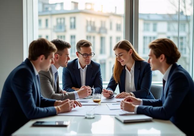 Team arbeitet in einem modernen Wiener Büro zusammen